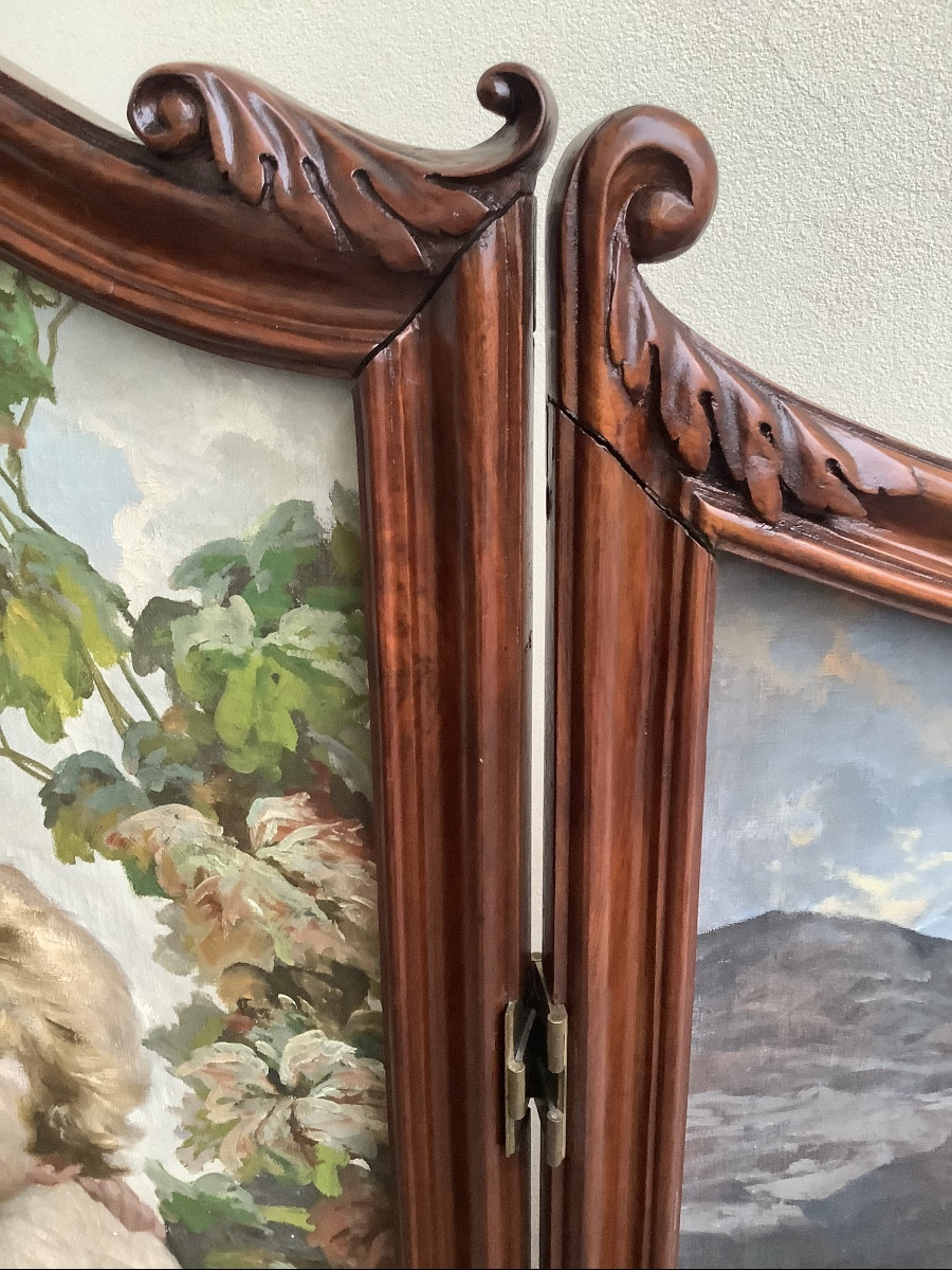Paravento in legno di mogano con putti oiio su tela Ep 1893-photo-5