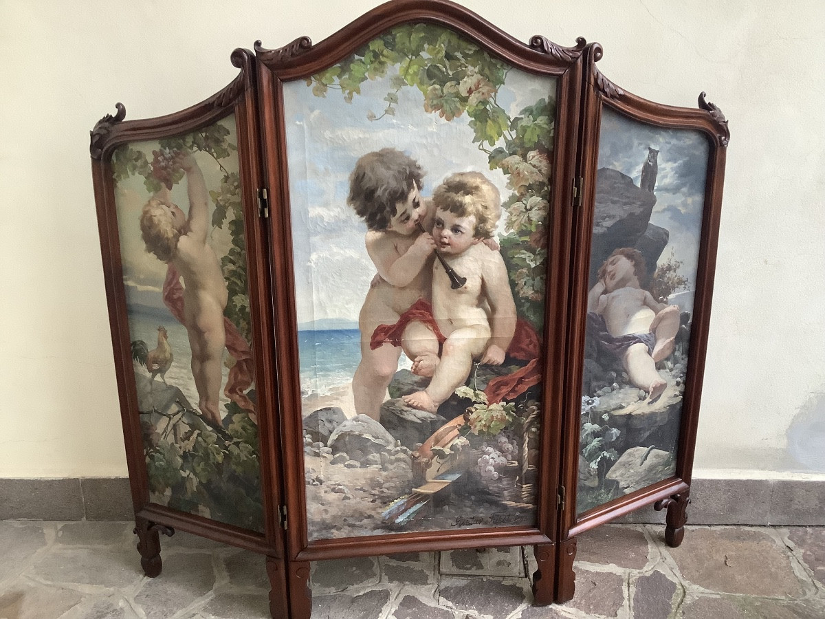 Paravento in legno di mogano con putti oiio su tela Ep 1893