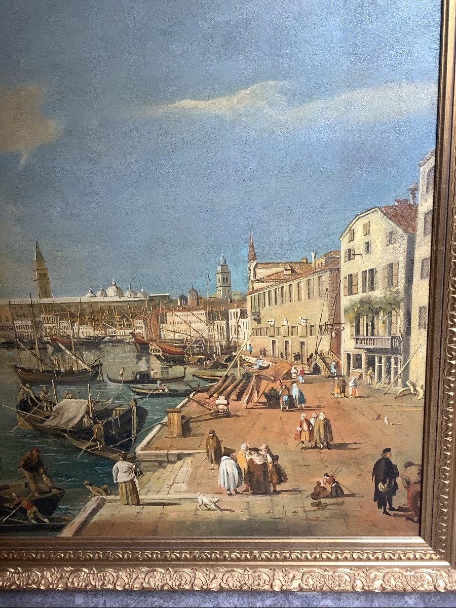 Grande dipinto olio su tela veduta il porto di Venezia artista Preti Epoca Inizio XX secolo-photo-2