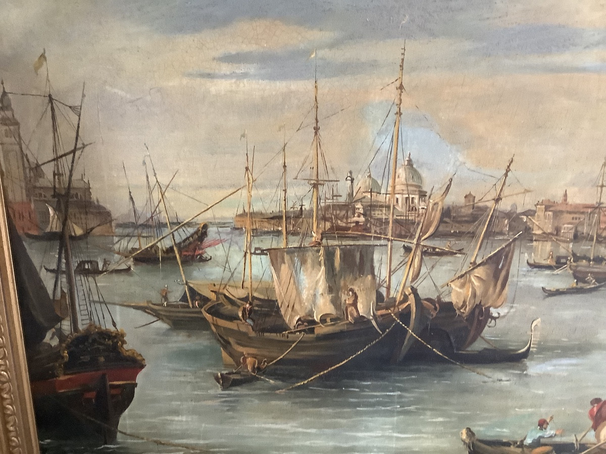 Grande dipinto olio su tela veduta il porto di Venezia artista Preti Epoca Inizio XX secolo-photo-4