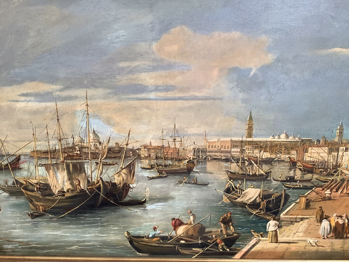 Grande dipinto olio su tela veduta il porto di Venezia artista Preti Epoca Inizio XX secolo-photo-3