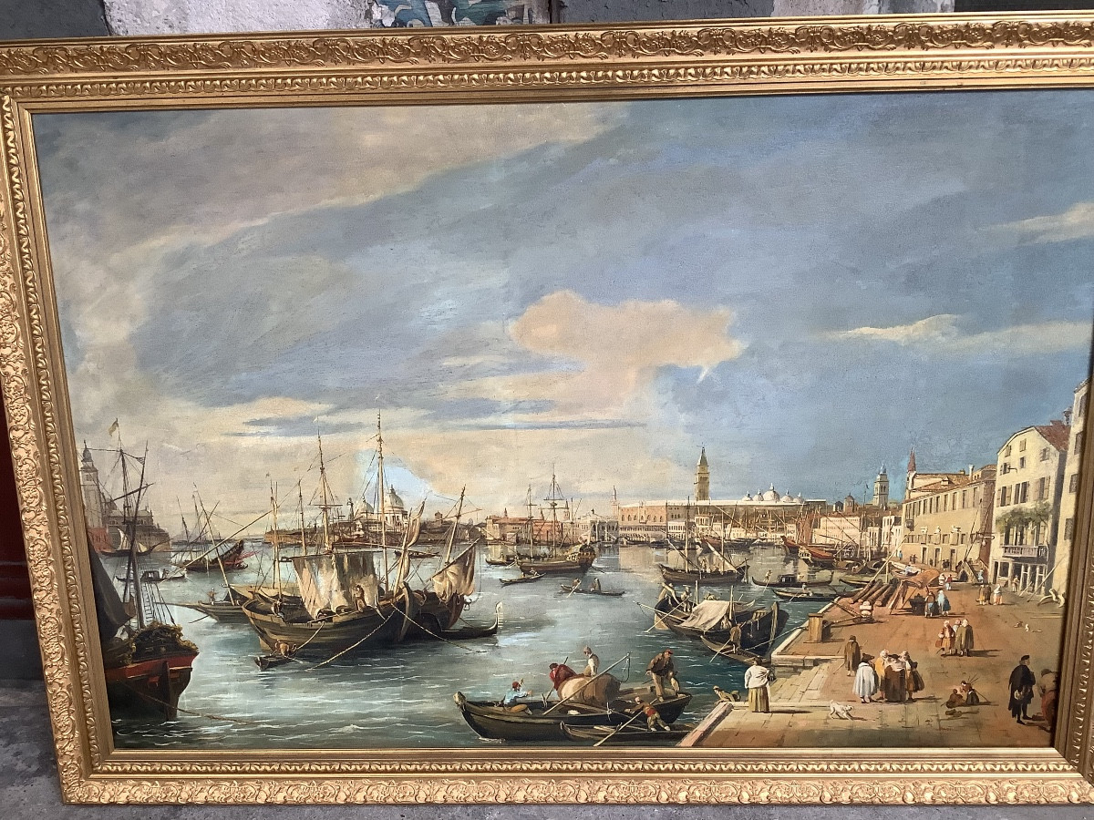 Grande dipinto olio su tela veduta il porto di Venezia artista Preti Epoca Inizio XX secolo