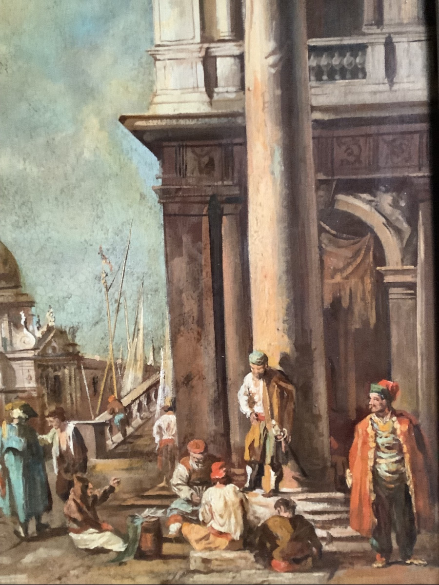 Olio su tela veduta di Venezia con personaggi firmato Preti inizio XX secolo-photo-2