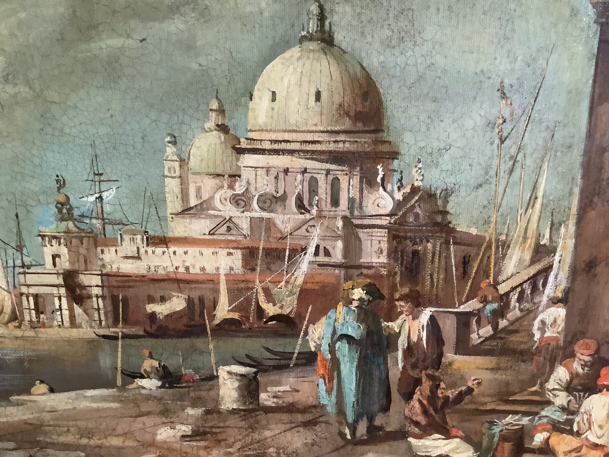 Olio su tela veduta di Venezia con personaggi firmato Preti inizio XX secolo-photo-3