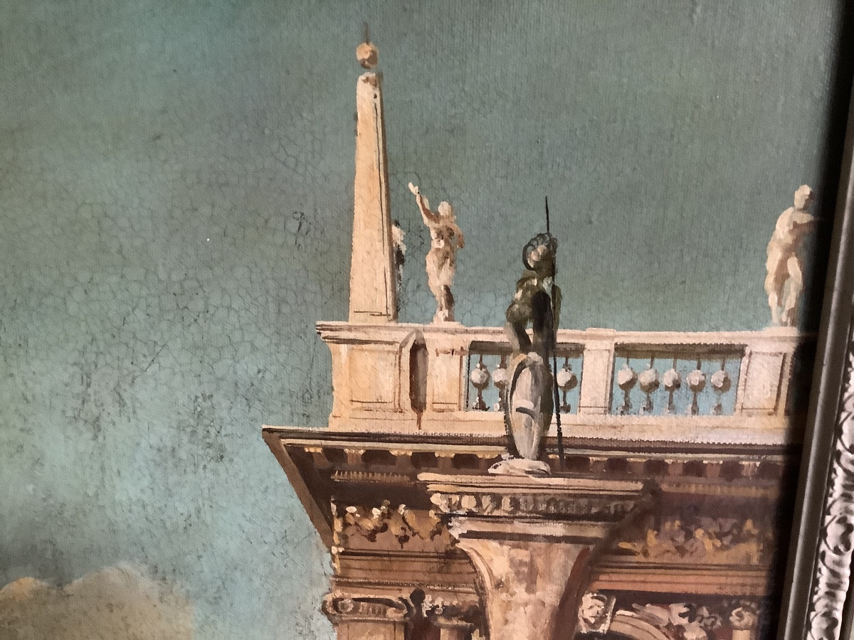 Olio su tela veduta di Venezia con personaggi firmato Preti inizio XX secolo-photo-1