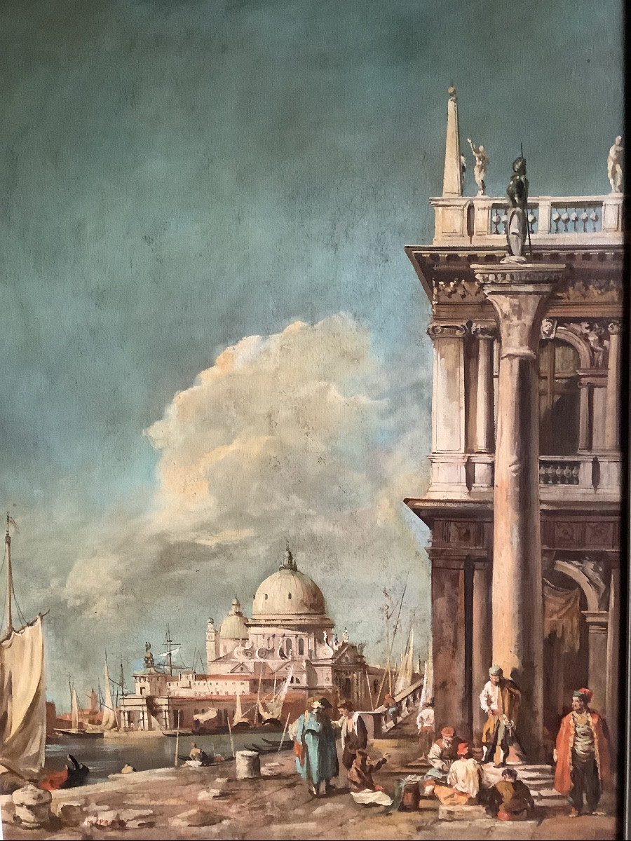 Olio su tela veduta di Venezia con personaggi firmato Preti inizio XX secolo-photo-3