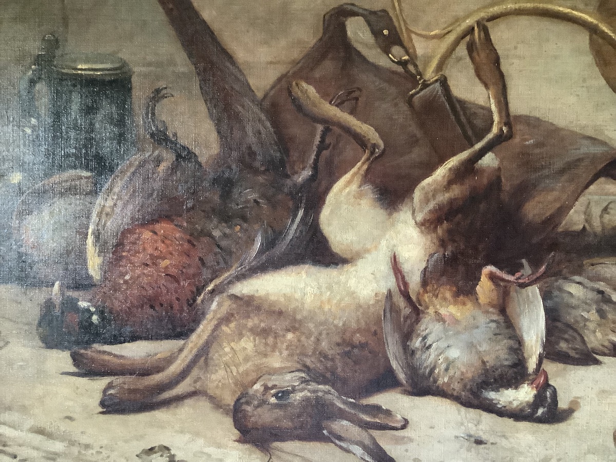 Olio su tela natura morta con animali firmata Le’on Hubert Francia Ep 1887-1915-photo-4