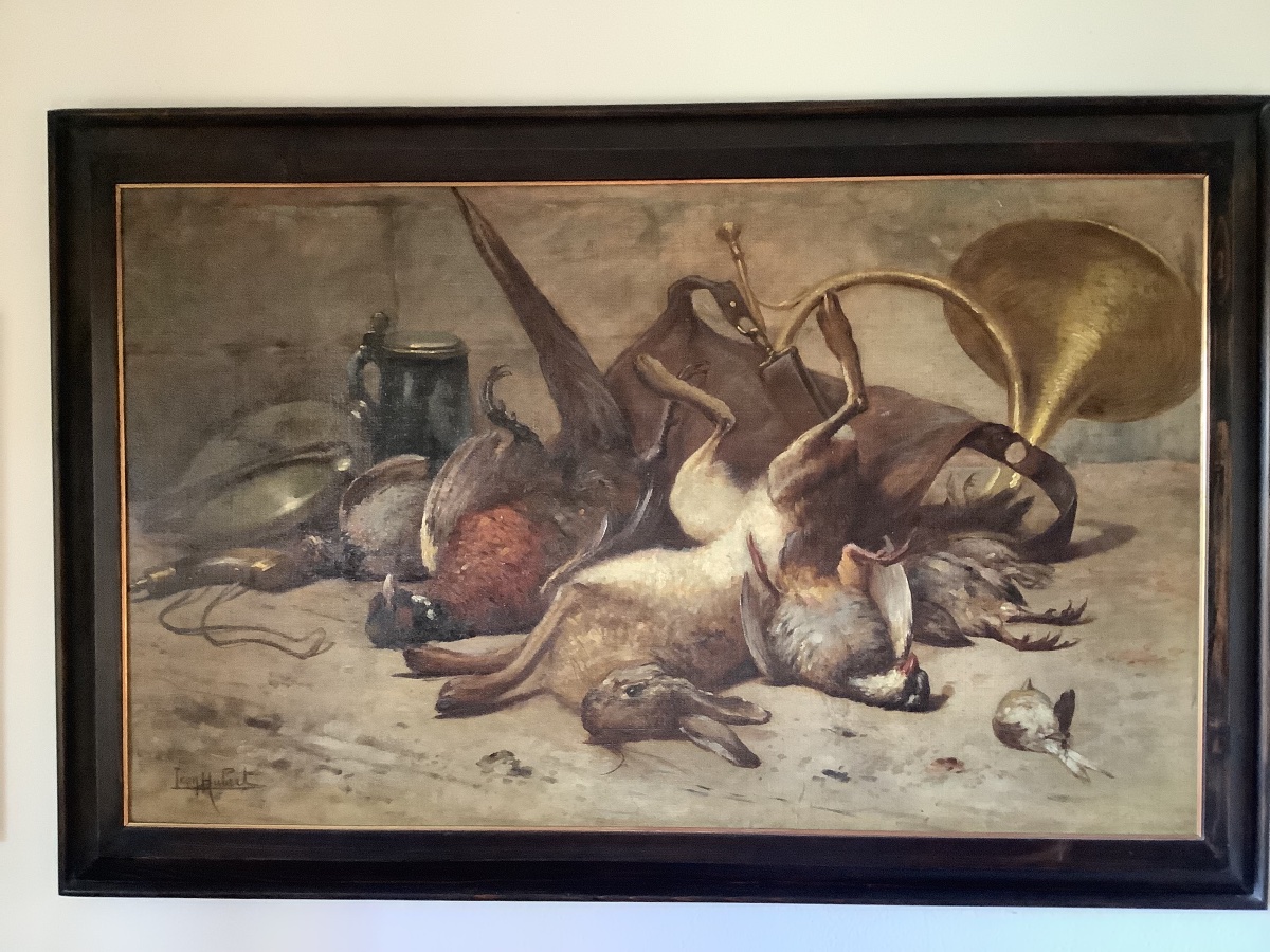 Olio su tela natura morta con animali firmata Le’on Hubert Francia Ep 1887-1915