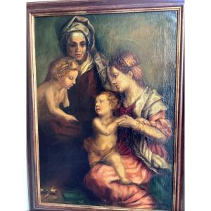 Olio su tela Madonna con bambino  s Anna e s Giovannino Ep fine 800