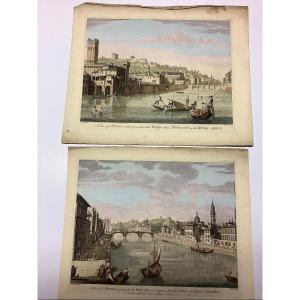 Due vedute Firenze lungo Arno Ep XVIII secolo