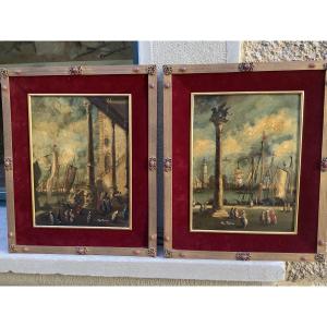 Coppia di dipinti a olio su metallo Venezia  Ep 800