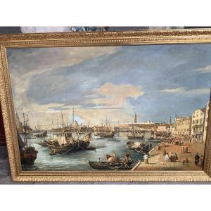Grande dipinto olio su tela veduta il porto di Venezia artista Preti Epoca Inizio XX secolo