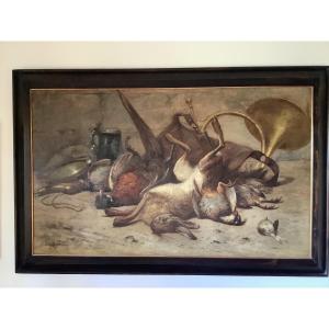 Olio su tela natura morta con animali firmata Le’on Hubert Francia Ep 1887-1915