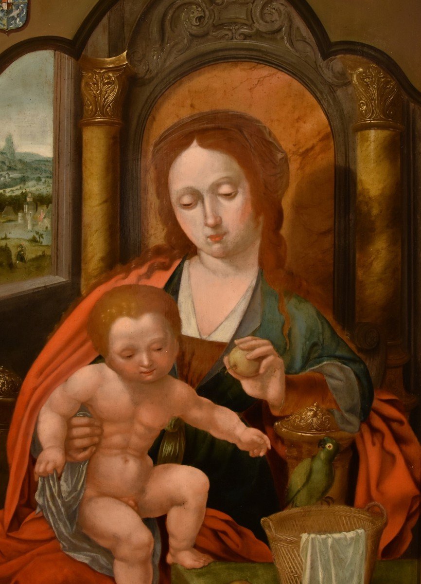 Madonna in trono con Bambino, Maestro del Pappagallo (Anversa, primi del XVI secolo), seguace-photo-3