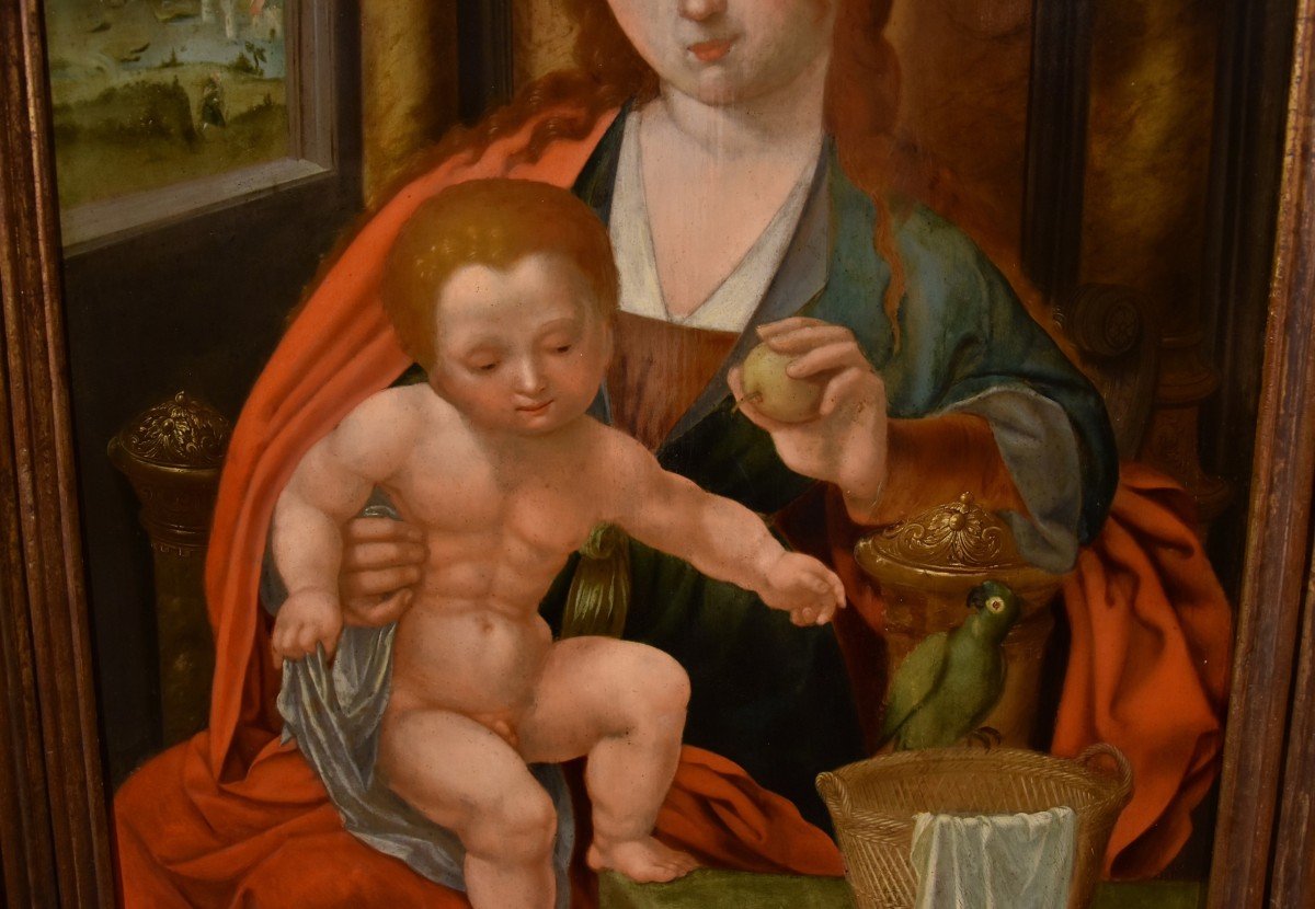 Madonna in trono con Bambino, Maestro del Pappagallo (Anversa, primi del XVI secolo), seguace-photo-7