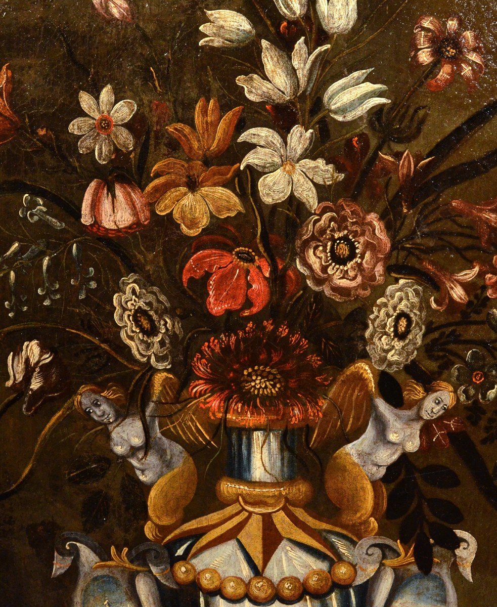 Composizione di fiori in un vaso classico, Maestro dei vasi a grottesche (Roma, XVII secolo)-photo-4