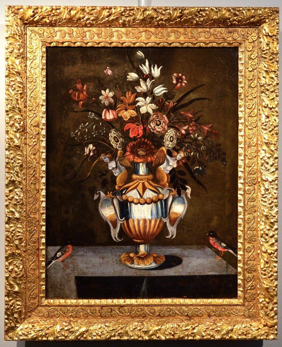 Composizione di fiori in un vaso classico, Maestro dei vasi a grottesche (Roma, XVII secolo)