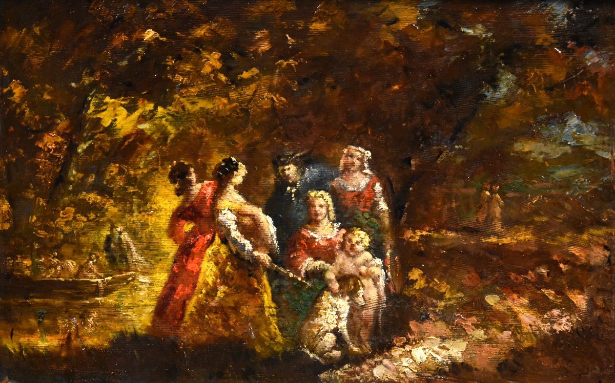 Scena animata in un giardino, Adolphe Joseph Thomas Monticelli (Marsiglia 1824 – 1886) firmato
