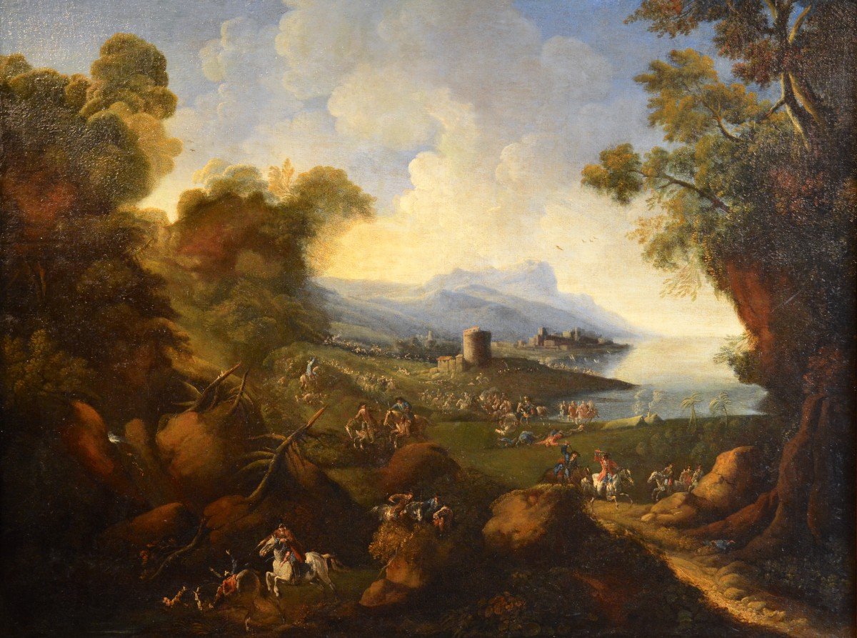 Pandolfo Reschi (1643 - 1699 ), Paesaggio costiero con città fortificata, torrione, e scena di -photo-2