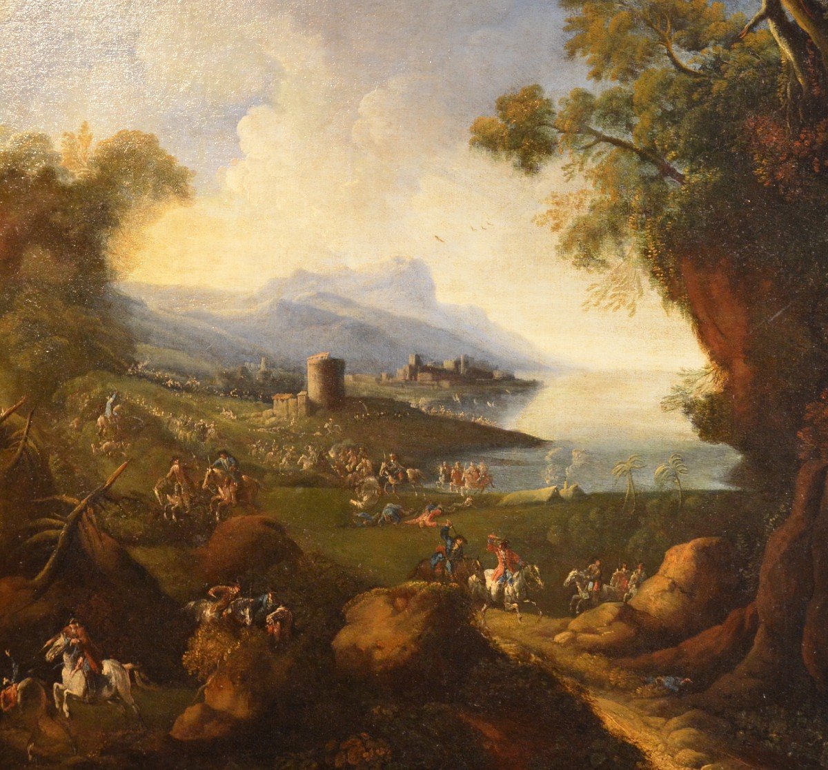 Pandolfo Reschi (1643 - 1699 ), Paesaggio costiero con città fortificata, torrione, e scena di -photo-1