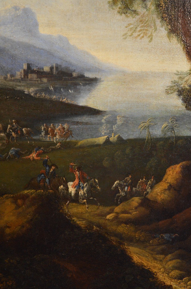 Pandolfo Reschi (1643 - 1699 ), Paesaggio costiero con città fortificata, torrione, e scena di -photo-3
