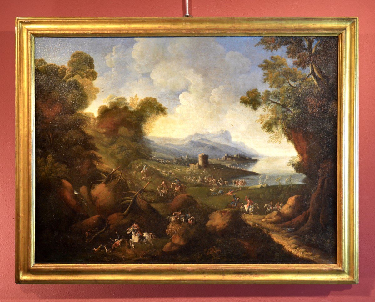 Pandolfo Reschi (1643 - 1699 ), Paesaggio costiero con città fortificata, torrione, e scena di 