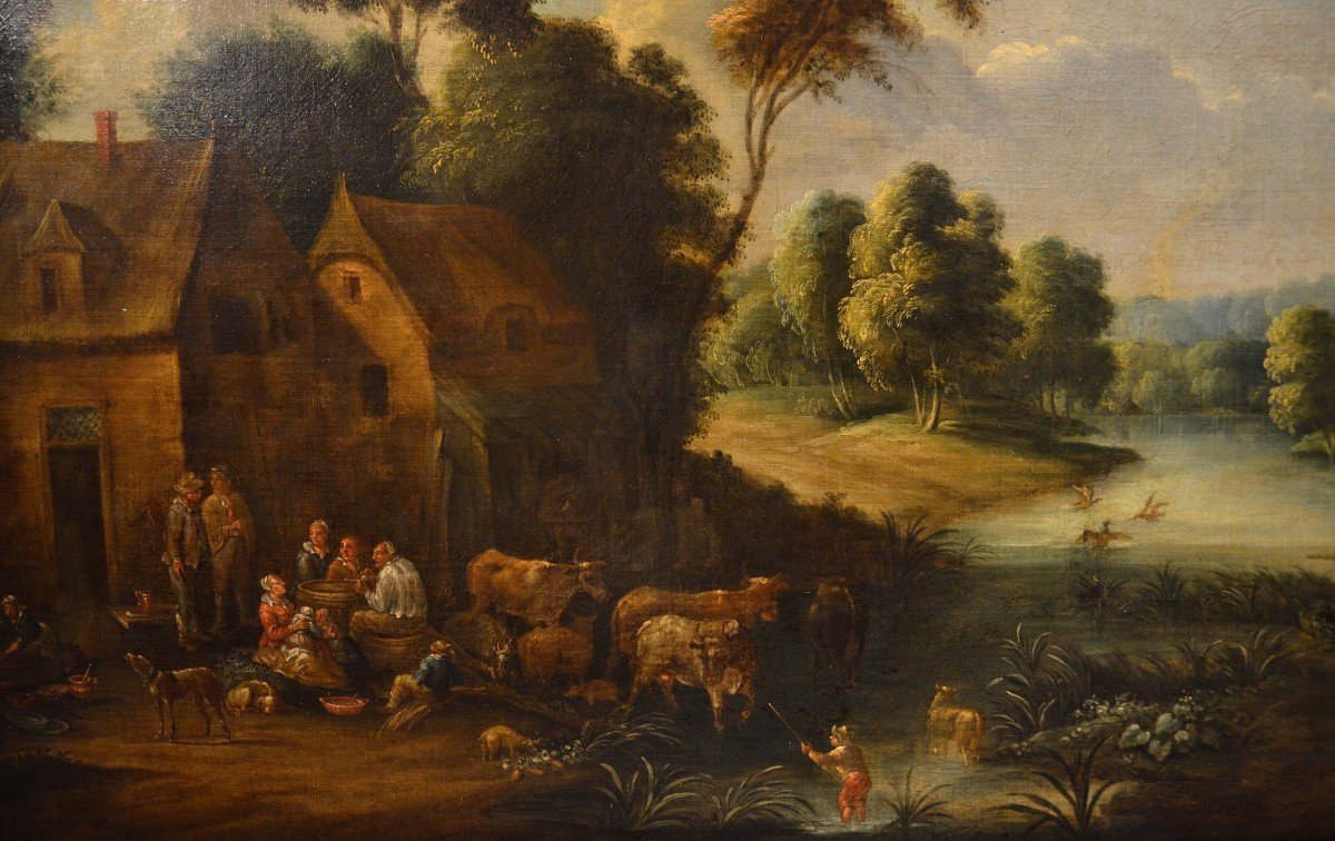 Paesaggio fluviale con scena di villaggio, Adrien Frans Boudewijns (Bruxelles 1644-1711)-photo-3
