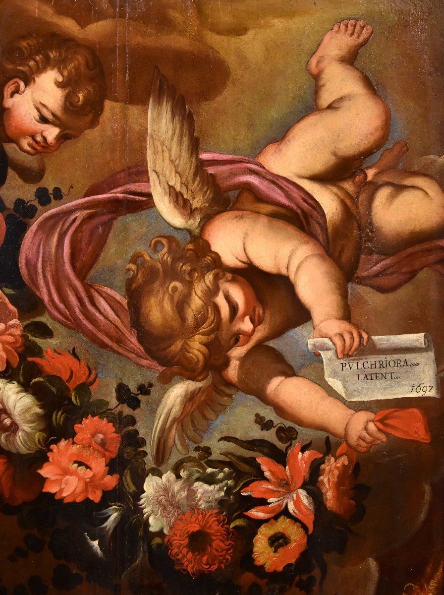 Coppia di angeli con festone floreale, Carlo Maratta (Camerano, 1625 - Roma, 1713) Bottega di -photo-3