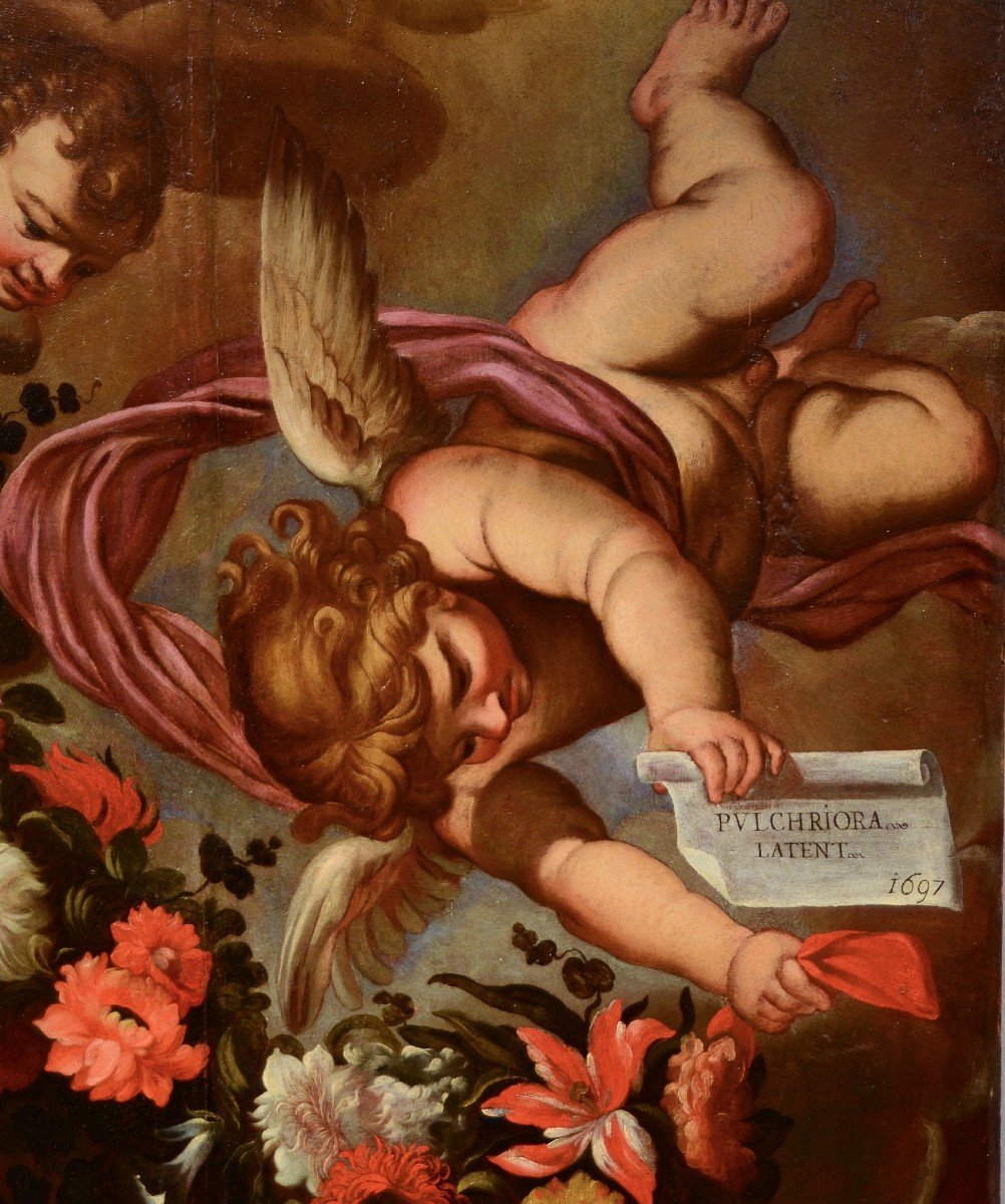 Coppia di angeli con festone floreale, Carlo Maratta (Camerano, 1625 - Roma, 1713) Bottega di -photo-8