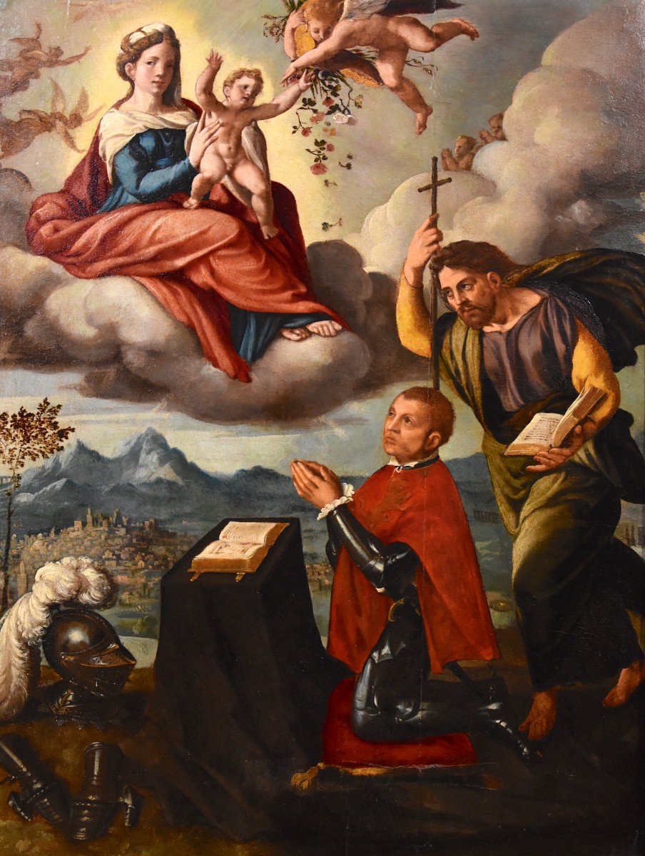 Madonna con Bambino, San Giacomo e il donatore, Ippolito Scarsella (Ferrara, 1550 - 1620) bottega