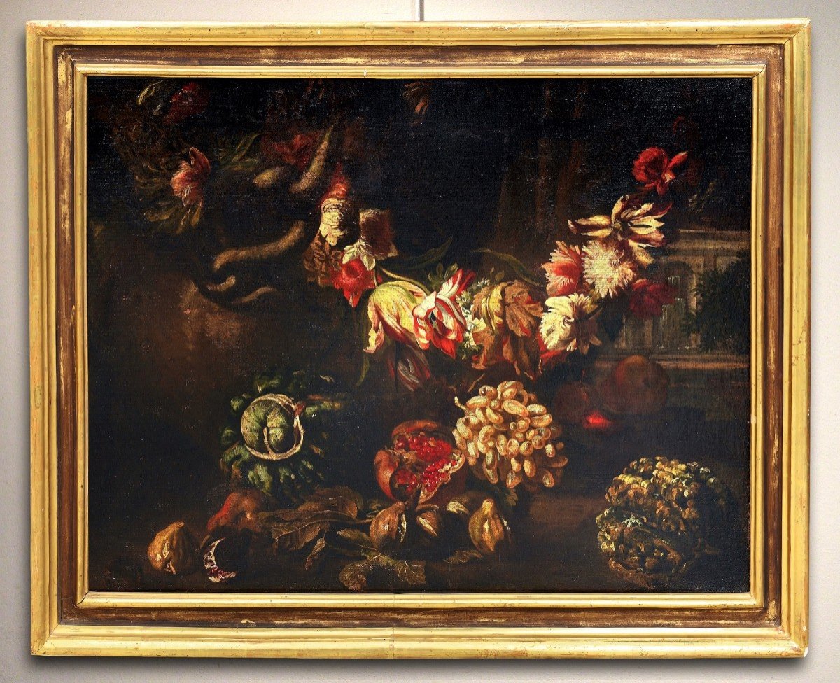 Natura morta con festone di fiori e frutta, Aniello Ascione (Napoli, notizie dal 1680 al 1708)