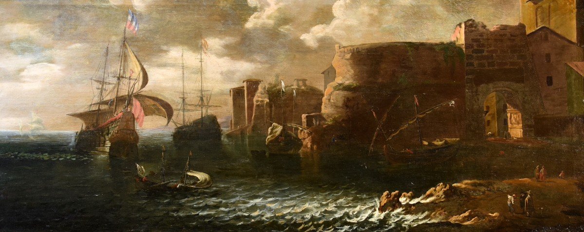 Veduta costiere con imbarcazioni e figure, Francesco Antoniani (Milano 1700- 1775)-photo-4