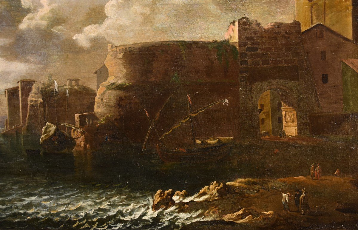 Veduta costiere con imbarcazioni e figure, Francesco Antoniani (Milano 1700- 1775)-photo-4