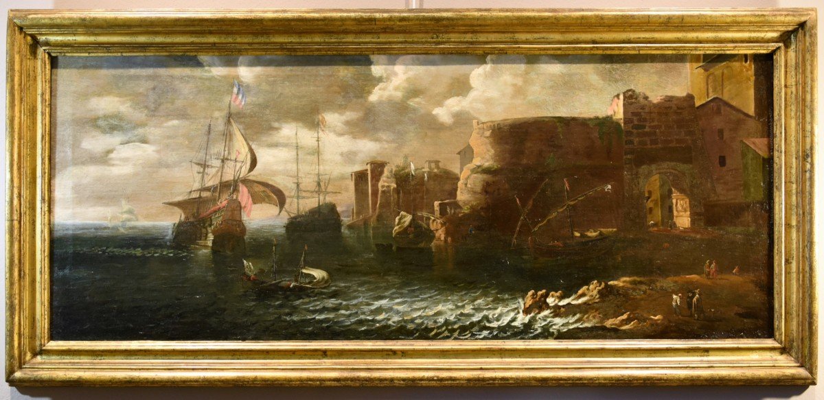Veduta costiere con imbarcazioni e figure, Francesco Antoniani (Milano 1700- 1775)