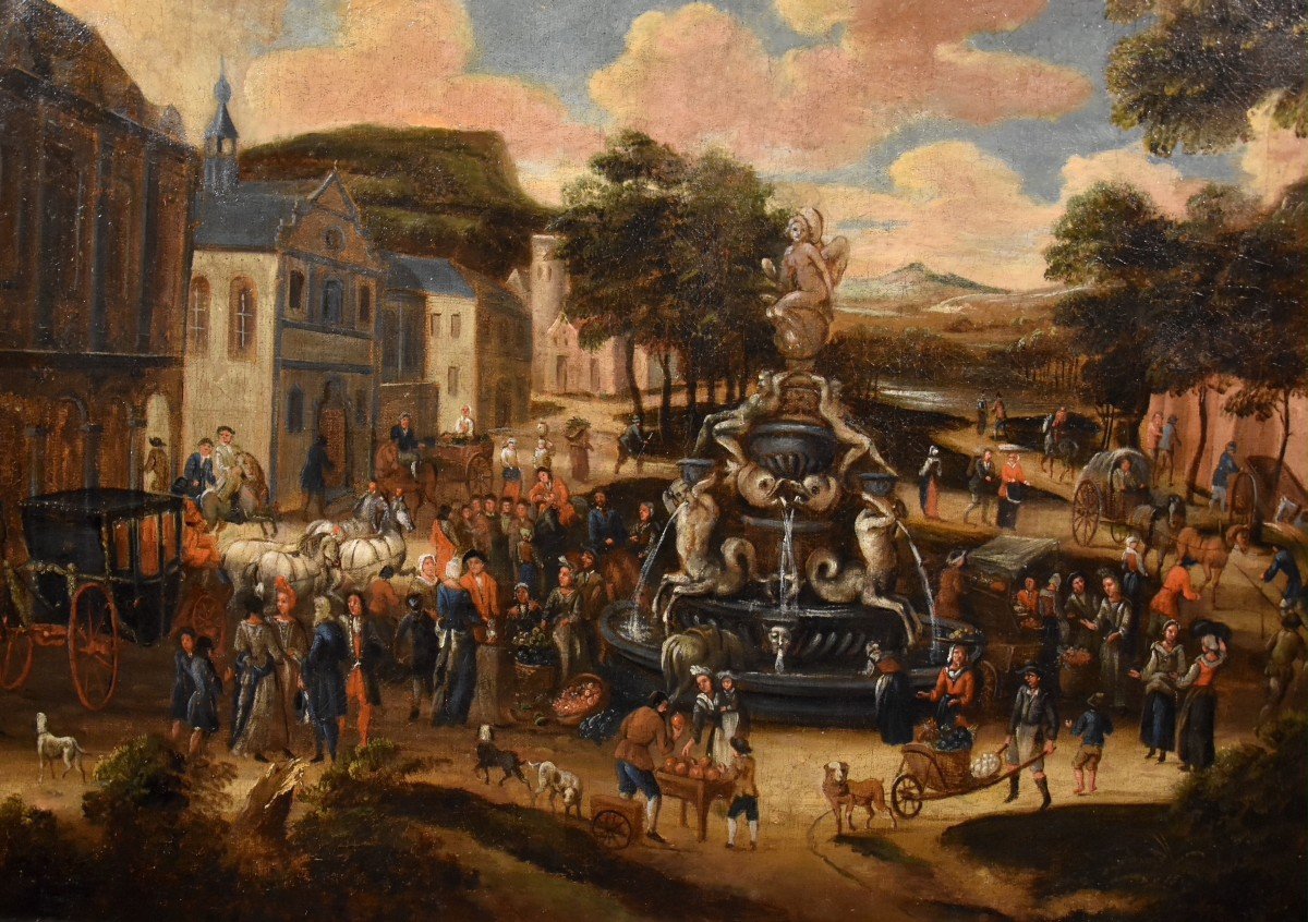 La piazza di un villaggio con scena di mercato, scuola olandese 1700 circa-photo-4