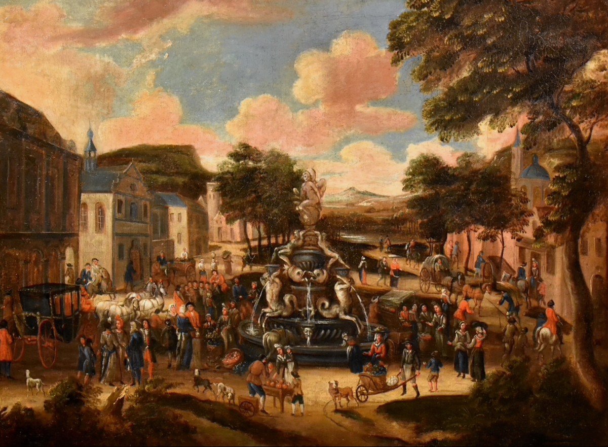 La piazza di un villaggio con scena di mercato, scuola olandese 1700 circa