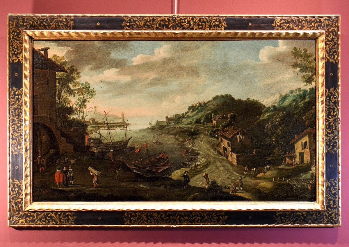 Paesaggio marino di fantasia, Marten van Valckenborch (Belgio 1535 - Francoforte 1612) cerchia