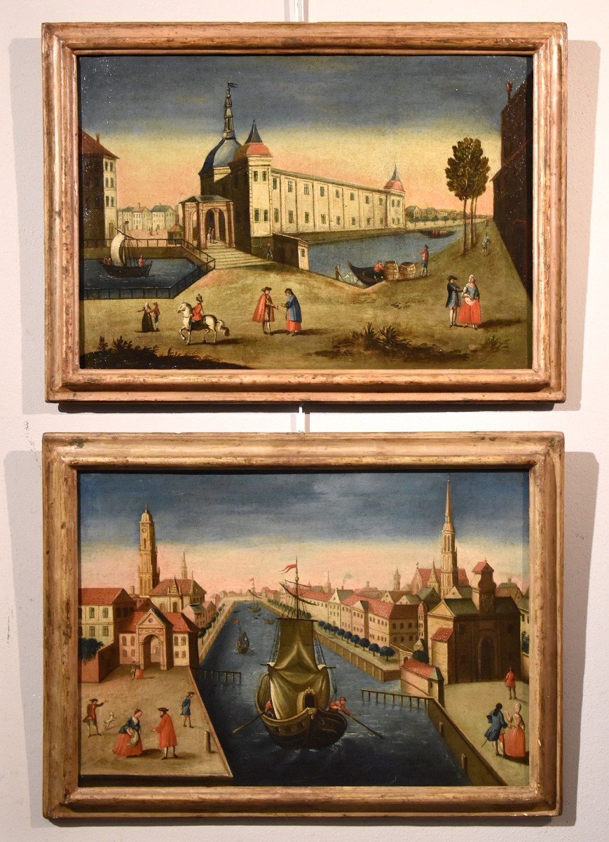 Coppia di vedute di Rotterdam (Palazzo della Borsa e l'Antico Porto), Vedutista del Settecento