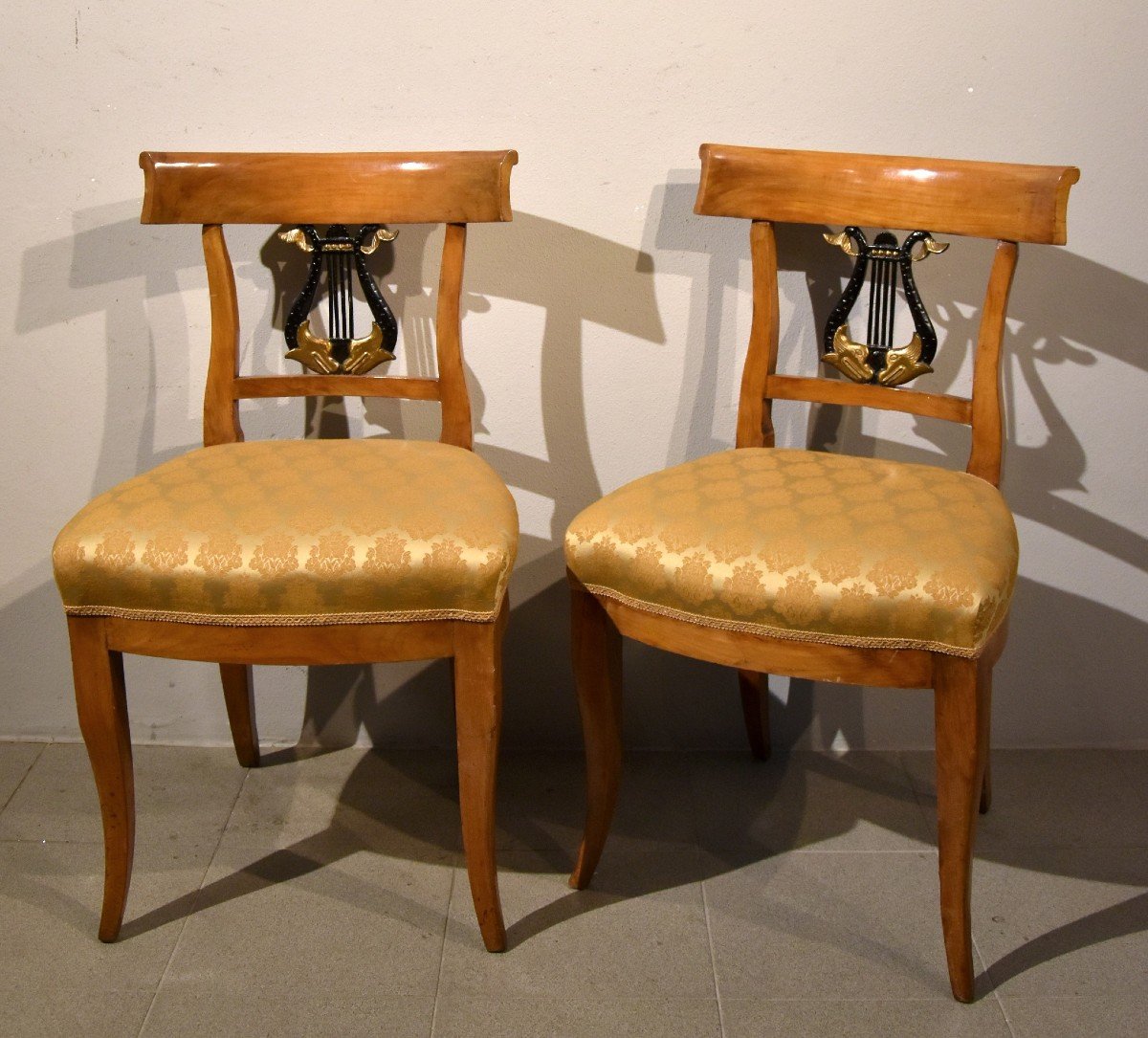 Coppia di sedie con schienale a lira Biedermeier, Germania XIX secolo-photo-4
