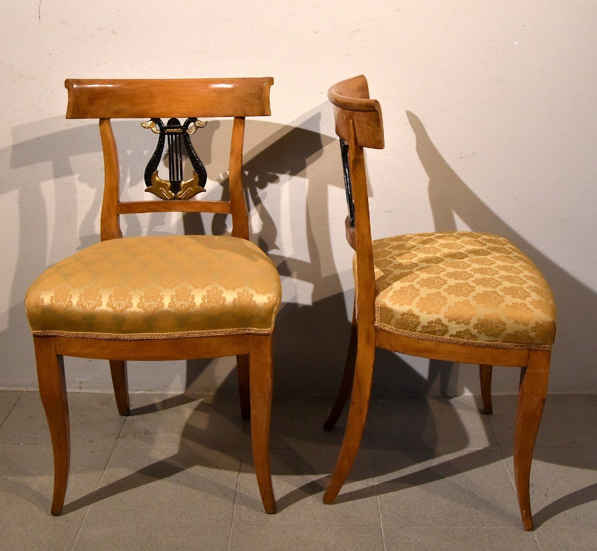 Coppia di sedie con schienale a lira Biedermeier, Germania XIX secolo-photo-1