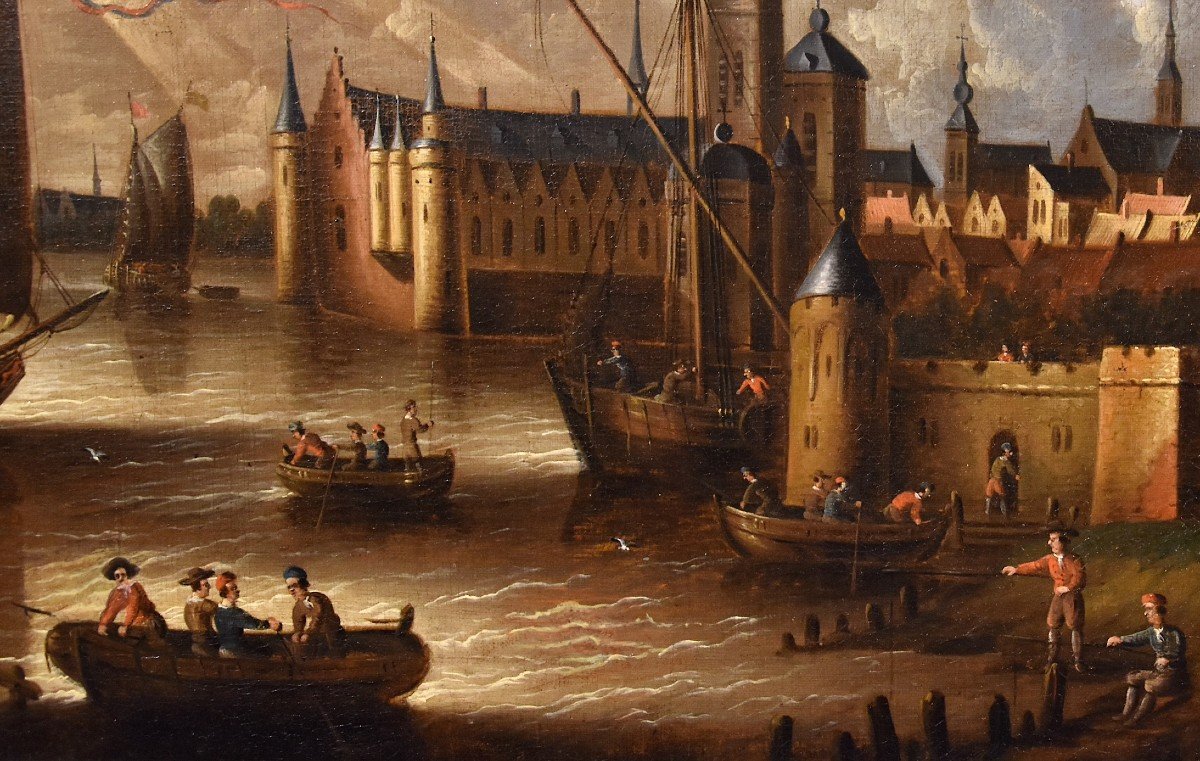 Veduta costiera con vascelli e castello arroccato, Peter Van Der Velde (Anversa 1634 - c.1714)-photo-5