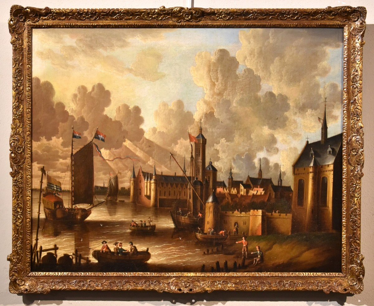 Veduta costiera con vascelli e castello arroccato, Peter Van Der Velde (Anversa 1634 - c.1714)