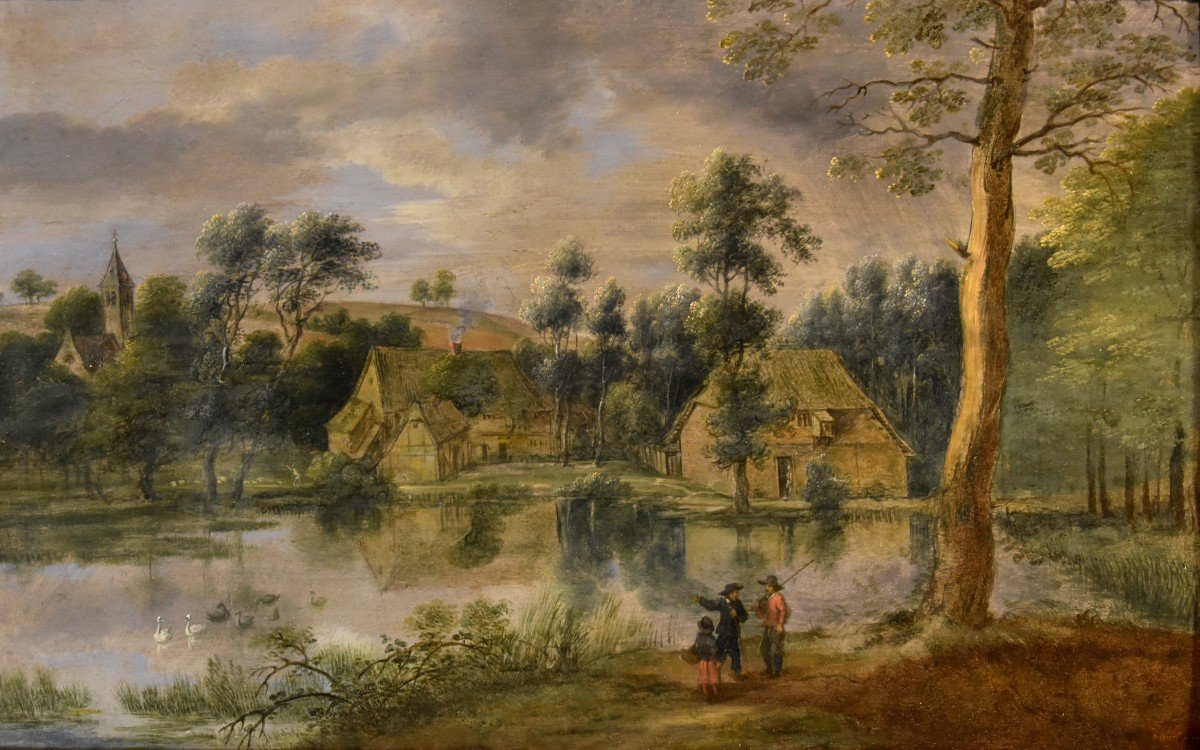 Lucas Van Uden (Anversa 1595 - Anversa 1673) firmato, Paesaggio con lago-photo-2