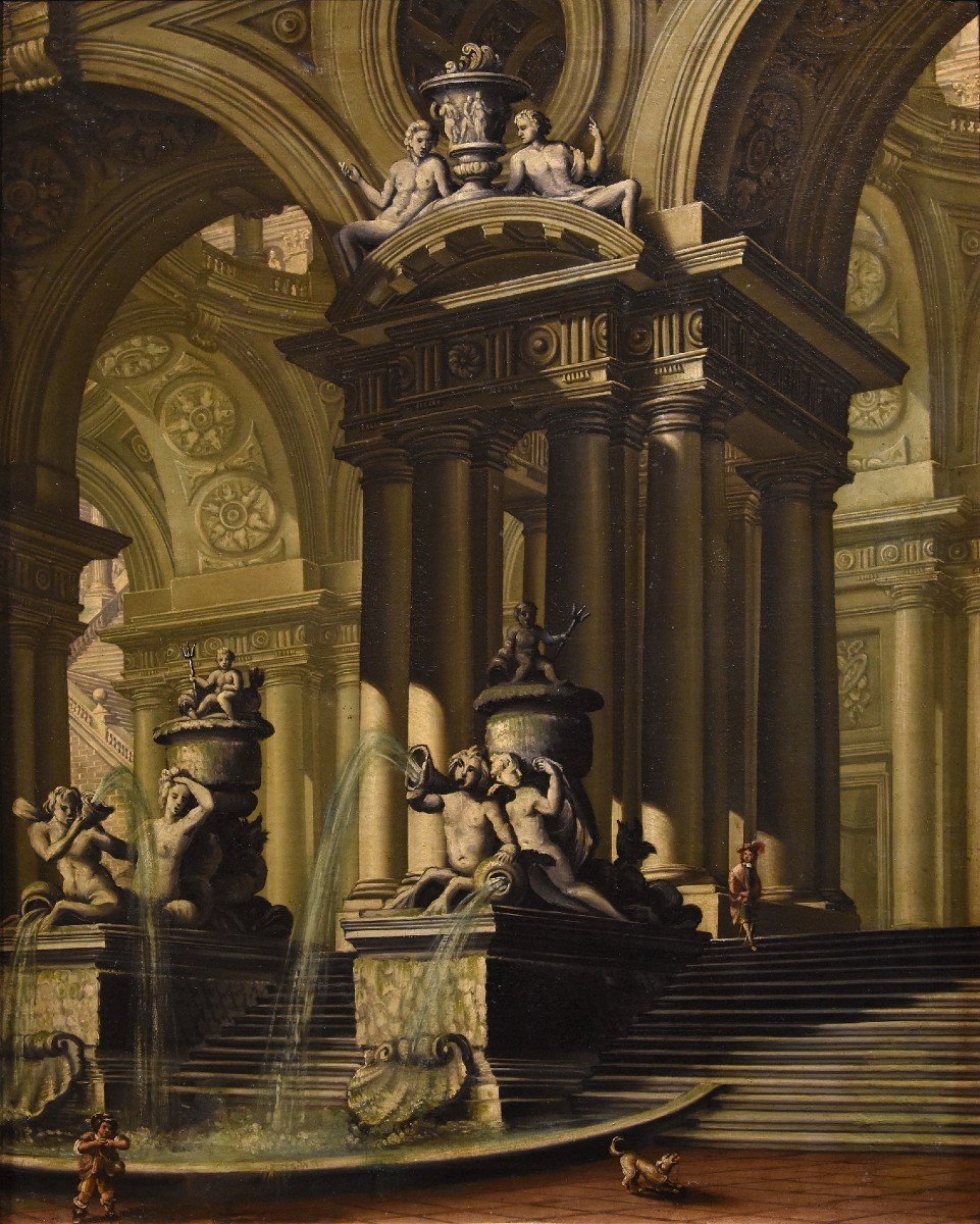 Veduta architettonica di fantasia con archi, sculture e fontane, Vedutista attivo a Roma '700-photo-2