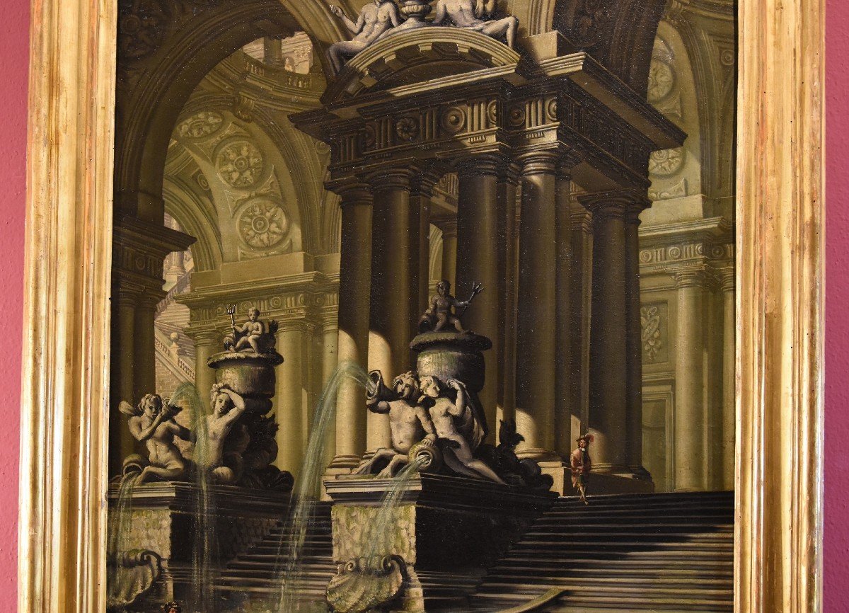 Veduta architettonica di fantasia con archi, sculture e fontane, Vedutista attivo a Roma '700-photo-1