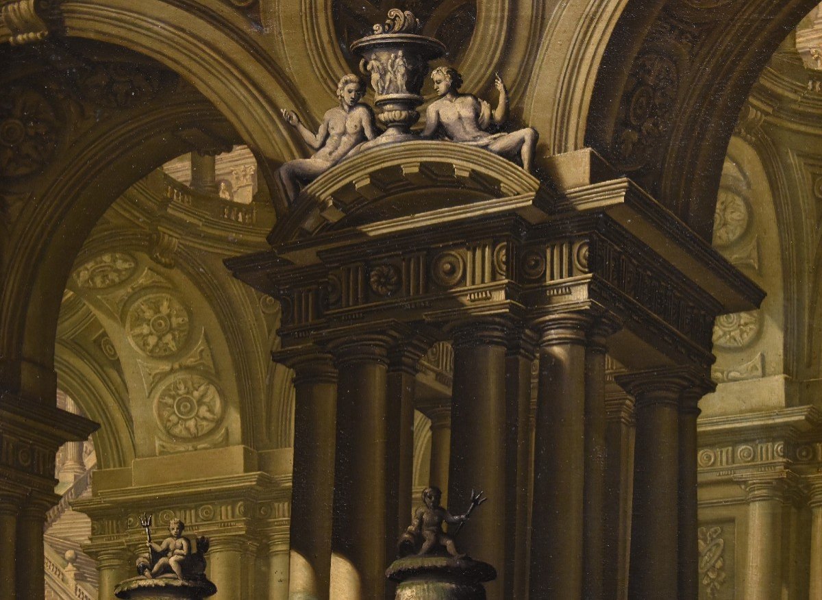 Veduta architettonica di fantasia con archi, sculture e fontane, Vedutista attivo a Roma '700-photo-3
