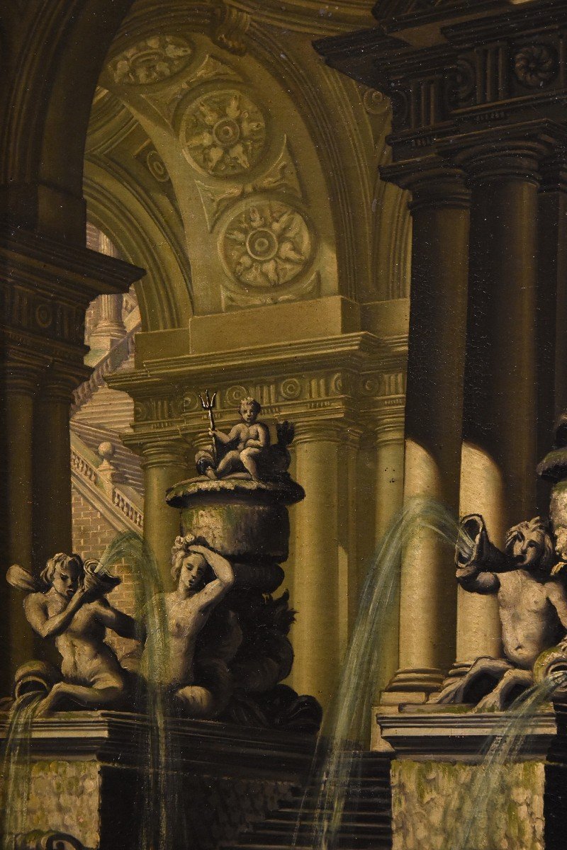 Veduta architettonica di fantasia con archi, sculture e fontane, Vedutista attivo a Roma '700-photo-4