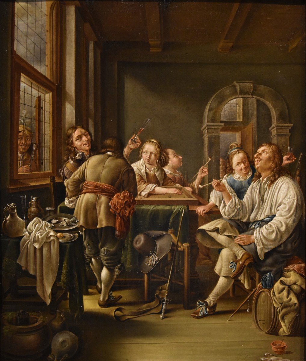 Jacob Duck (Utrecht, 1600 - 1667) attribuibile Allegra compagnia in un interno