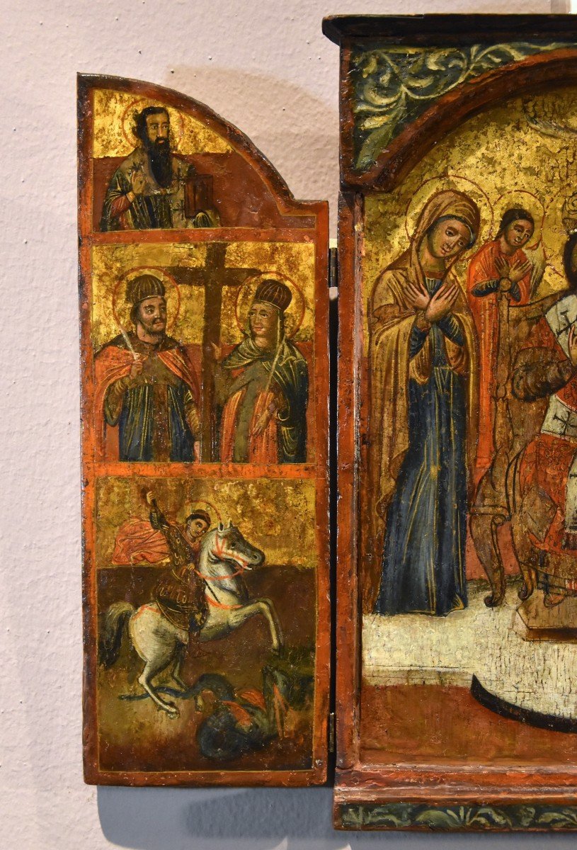 Icône grecque en triptyque représentant la Déesse et les saints, Grèce XVIIe siècle-photo-2