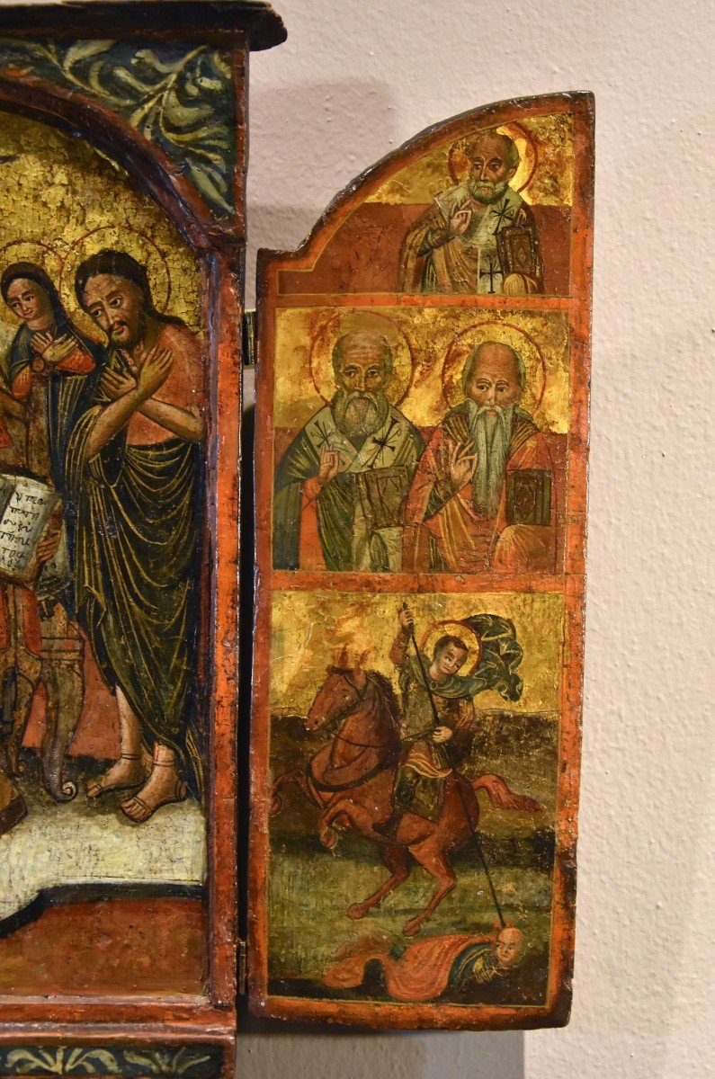 Icône grecque en triptyque représentant la Déesse et les saints, Grèce XVIIe siècle-photo-3
